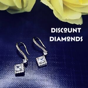 Princess Cut Clear White 2 Ct. Diamond Earrings on 925 Silver